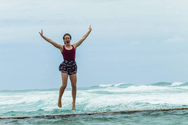 Girl Jumping Happy Holidays Pool Ocean — Stock Photo, Image