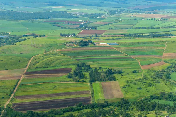 Flying Farmlands Fields Crops Dam Landscape — Stock Photo, Image
