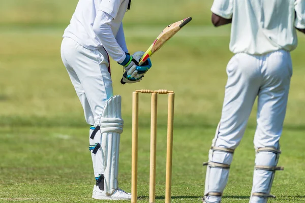 Cricket Ação Batedor Wickets Fechar — Fotografia de Stock