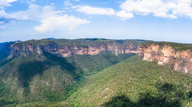 Manzaralı mavi dağ manzaralı kaya kayalıkları ulusal parktaki vadiye kadar uzanan sakız ağaçlarına bakıyor..