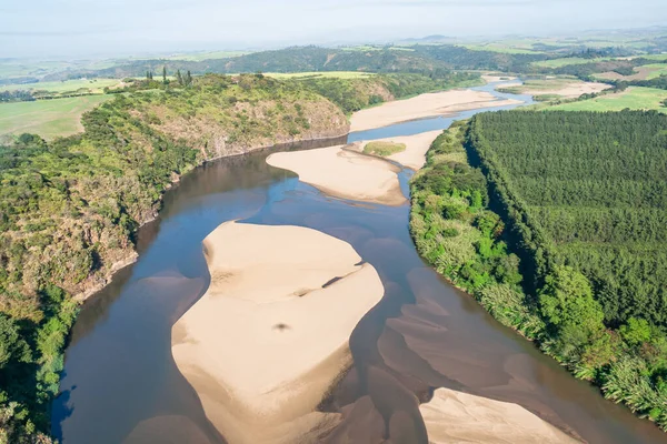 Flying Aerial Photo Large Wide River Overhead Low Water Sandbanks — Stock Photo, Image