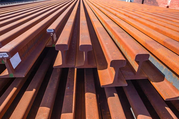 Rail Road Steel Lines Sections Stacked Outdoors Closeup Abstract Photo — Stock Photo, Image