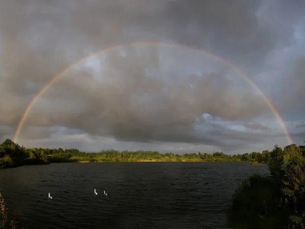 lack sufficient wide angle lens on fixed my d7i enough to maintain the whole rainbow,this is an assembly of 4 out of the hand above the other and side by side photos taken. the swans,i added later.\r\n