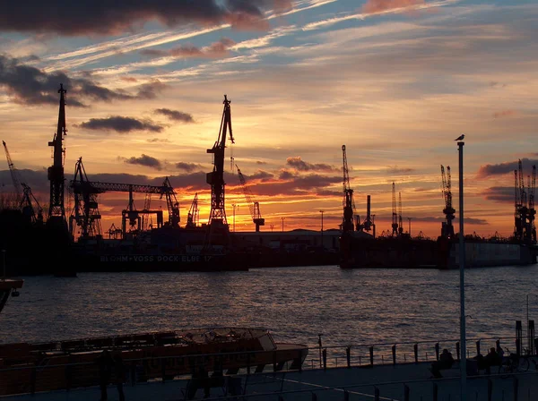 Pôr Sol Porto Hamburgo — Fotografia de Stock