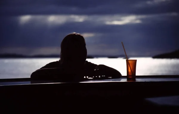 Young Woman Drinking Coffee Sunset — Stock Photo, Image