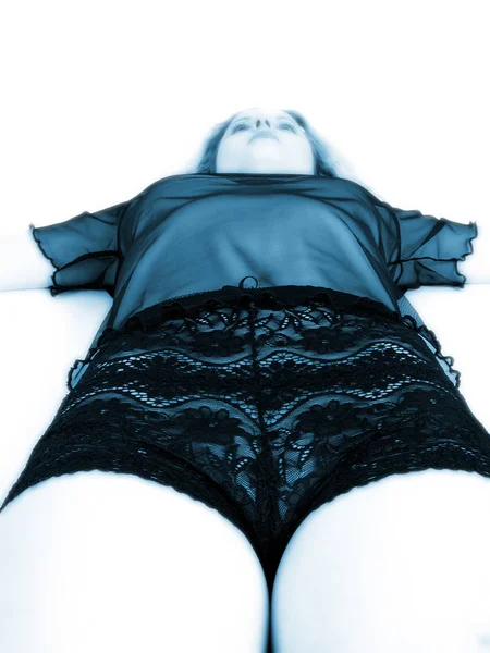 Schwarz Weiß Foto Einer Sexy Frau Einem Blauen Hemd Mit — Stockfoto