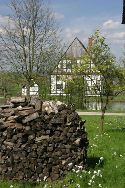 Holzflosse Vor Bauernhaus — Stockfoto