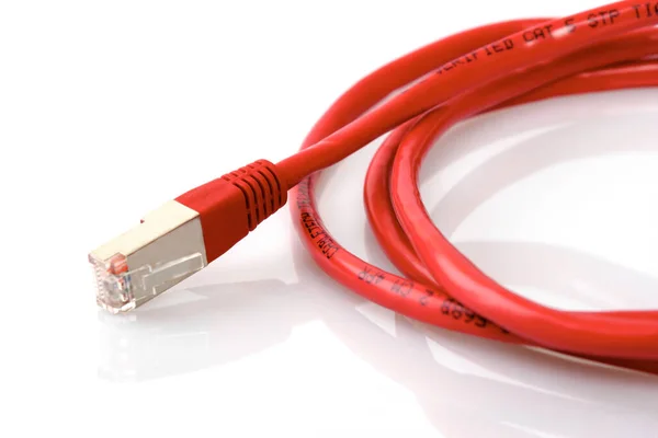 白い背景に隔離された赤いコンピュータネットワークケーブル — ストック写真