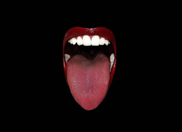 Czerwone Usta Usta Sercem Czarnym Tle — Zdjęcie stockowe