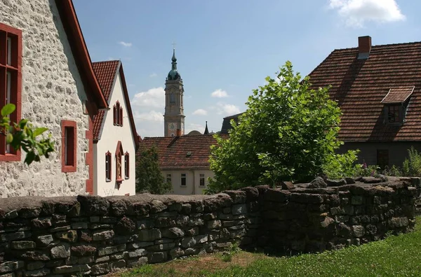 Blick Vom Alten Friedhof Über Die Stadtmauer Luthergymnasium Zur Georgenkirche — Stockfoto