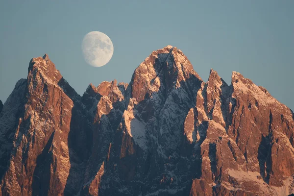 Lune Sur Massif Des Geislers Velturno Tyrol Sud Juste Avant — Photo