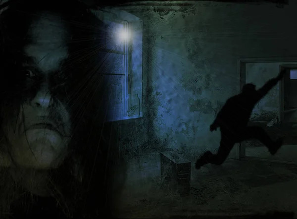 Horrorszene Mit Beängstigendem Zombie Mädchen Schwarzen Kleid — Stockfoto