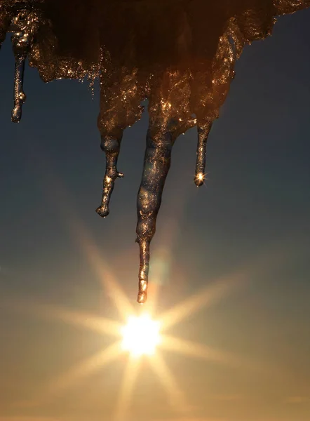 Utolsó Napsugarak Felmelegedtek Nem Eléggé Ahhoz Hogy Felolvadjon Jég Vízcseppet — Stock Fotó