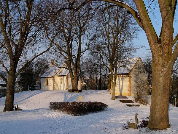 Rails Morning Sun Presents Great Mountain Chapel Mellrichstadt Degrees — Stock Photo, Image