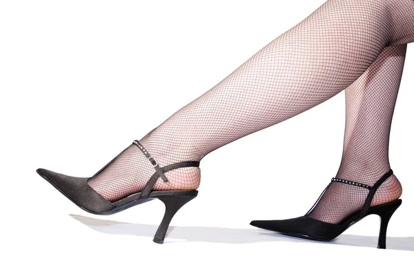 Nogi Kobiety Czarnych Pończochach Szpilkach — Zdjęcie stockowe