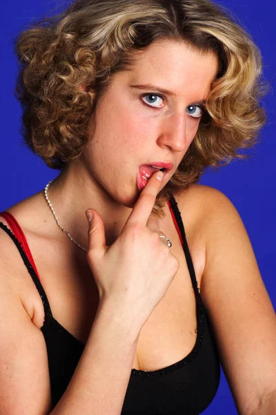 Woman Sitting Bar Stool Finger Erotically Lips — Stock Photo, Image