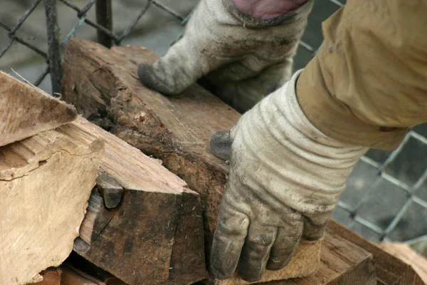 Fechar Mãos Luvas Proteção Com Logs — Fotografia de Stock