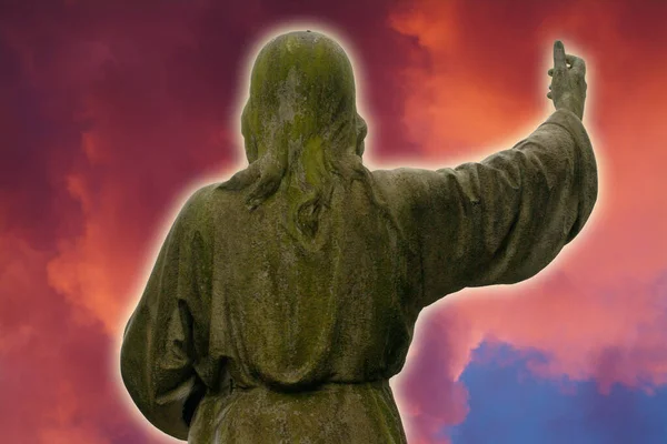 Jesus Figurine Front Sky Photoshop Simulated — Stock Photo, Image