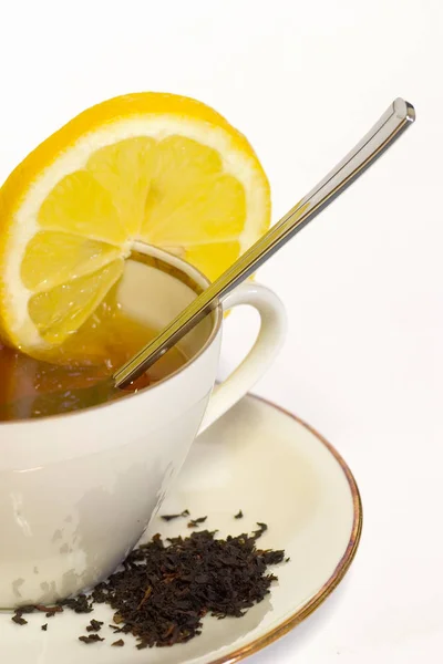Xícara Chá Com Limão Hortelã Fundo Branco — Fotografia de Stock