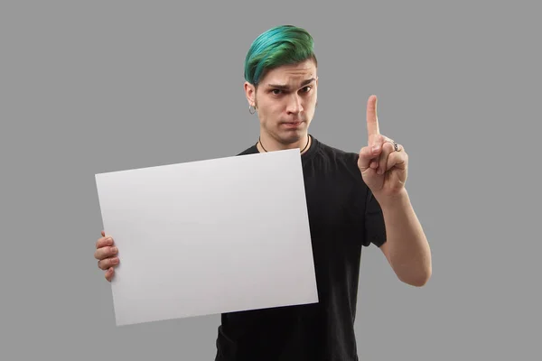 Young Handsome Man Holding Blank Billboard Isolated Grey Background — Stock Photo, Image