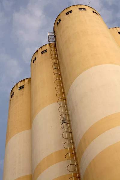 食品工場の非常に高い穀物サイロ — ストック写真