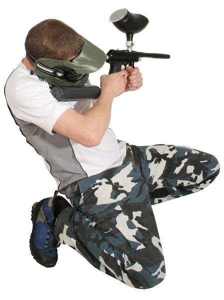 Man Helmet Paintball Gun Posing Studio — Stock Photo, Image