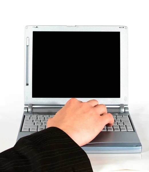 Hand Holding Laptop Computer White Background — Stock Photo, Image