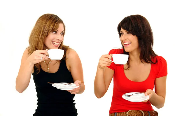 Twee Mooie Meisjes Een Rode Jurk Met Een Kopje Koffie — Stockfoto