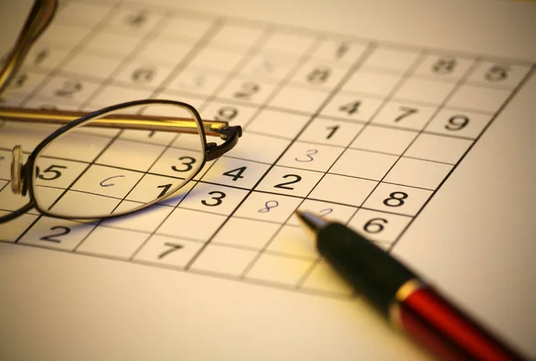 Sudoku Con Pluma Gafas — Foto de Stock