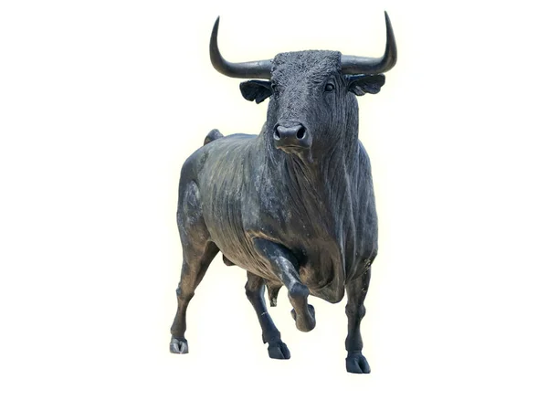 Zwart Standbeeld Van Stier Met Vlag Achtergrond — Stockfoto
