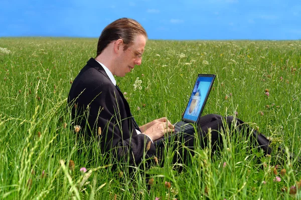 Hombre Negocios Con Portátil Pradera — Foto de Stock