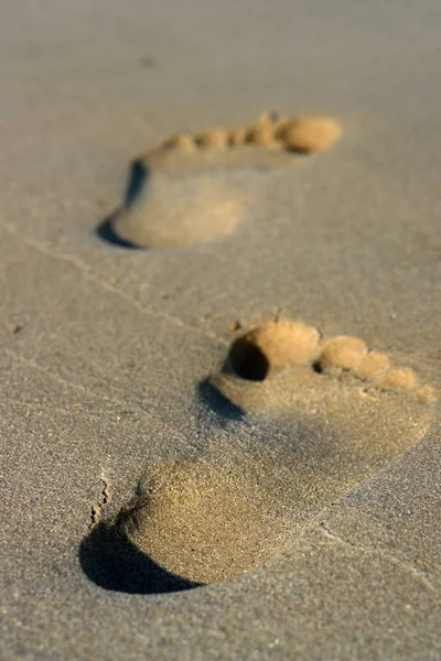 Närbild Sandstrand Fotspår — Stockfoto