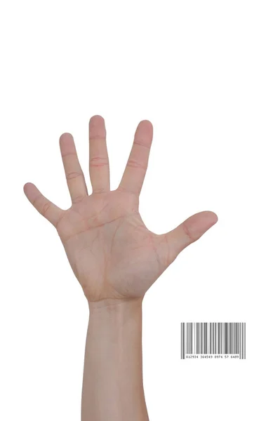 Hand Met Streepjescode Witte Achtergrond — Stockfoto