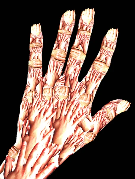 Hand Van Een Vrouw Bedekt Door Andere Mensen Handen Geïsoleerd — Stockfoto