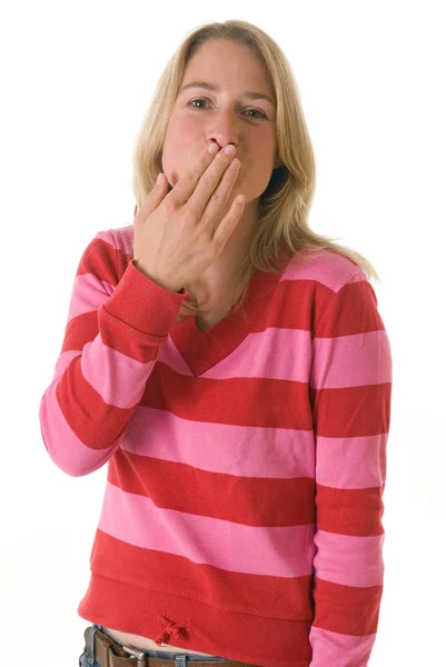 Νεαρή Γυναίκα Που Καλύπτει Στόμα Της Χέρια Στα Χείλη — Φωτογραφία Αρχείου