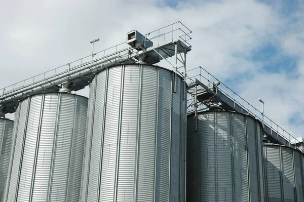 緑の小麦畑農業産業選択的背景を背景に金属タンク付き産業用サイロ — ストック写真