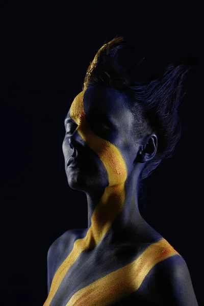 female,body painting,painted,blue,yellow,gold,sun,beam,hair,detail,nude,naked,body-painting,painted,paint,face,head,portrait,art,calendars,static,abstract