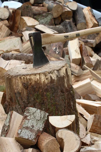 Axe Chopping Block Front Piles Logs — Stockfoto