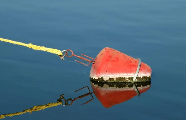 水面に映る湖の上の赤い釣り針とブイ — ストック写真