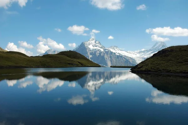 Bachalpsee Zrcadlo Počasí Schreckhorn Švýcarských Alpách Mezi Nimi Leží Vrchní — Stock fotografie