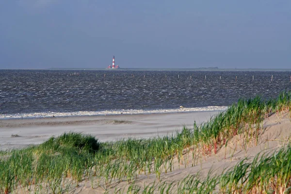Strand Peter Ording Nordsee Fernsicht Auf Den Gegenüberliegenden Leuchtturm Von — Stockfoto