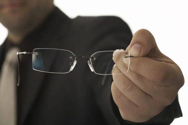 Man Holding Glasses Black Eyeglasses White Background — Stock Photo, Image