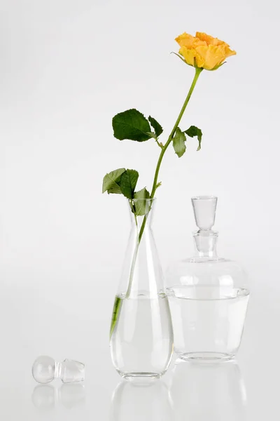 Glas Mit Blumen Und Einer Kleinen Flasche Wasser Auf Weißem — Stockfoto