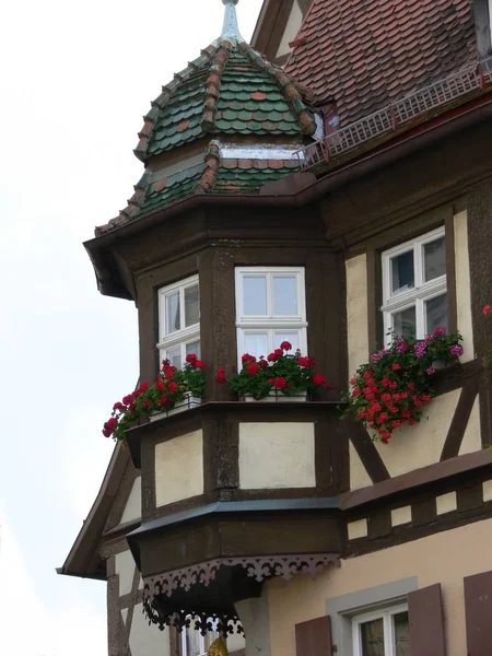 a bay window on a half-timbered house in rothenburg