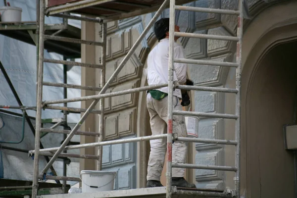 Young Man Suit Protective Gloves Standing Front Building — Stock Photo, Image