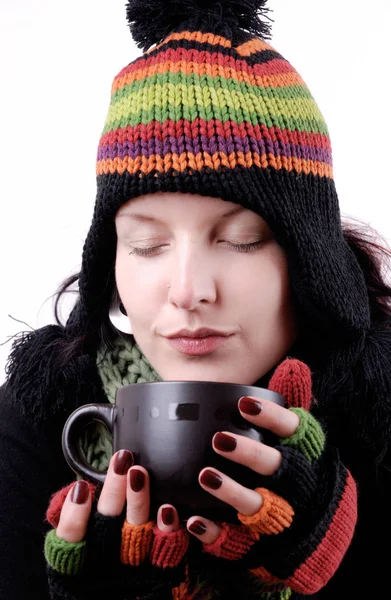 Mulher Chapéu Inverno Com Xícara Café — Fotografia de Stock