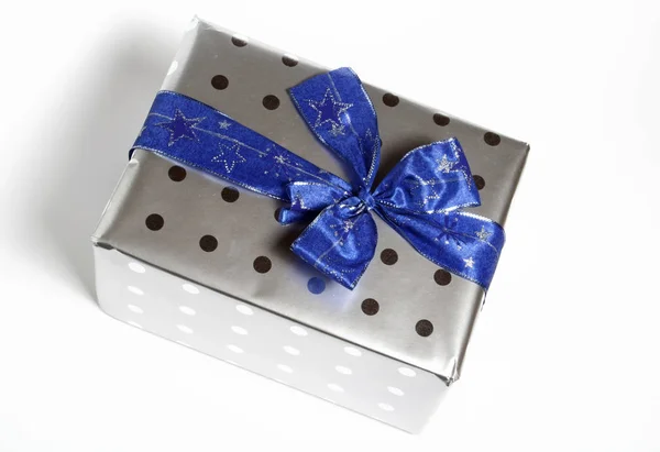 Top View Gift Blue Bow — Stock Photo, Image