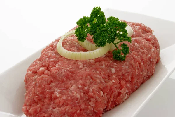 Raw Minced Meat White Plate — Stock Photo, Image