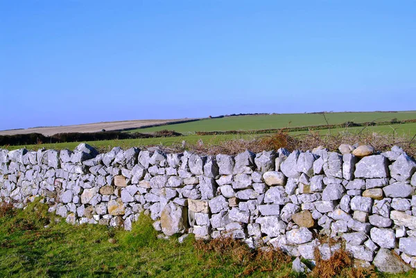 Eine Steinmauer Auf Der Wiese Und Blauer Himmel — Stockfoto