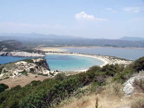 Voidokoilia Bucht Bei Pylos Hintergrund Die Lagunenlimnothalassa Standort Des Fotografen — Stockfoto